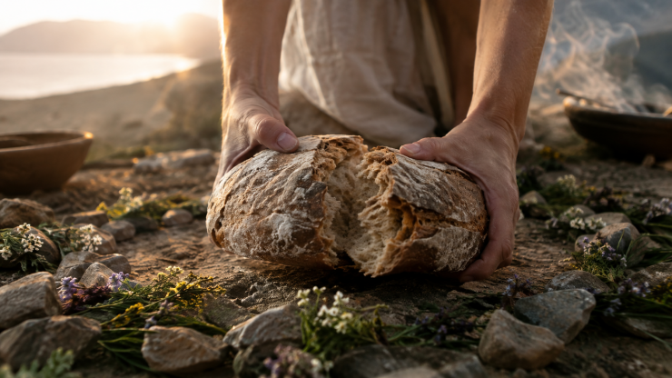 man sieht Frauenhände die Brot brechen